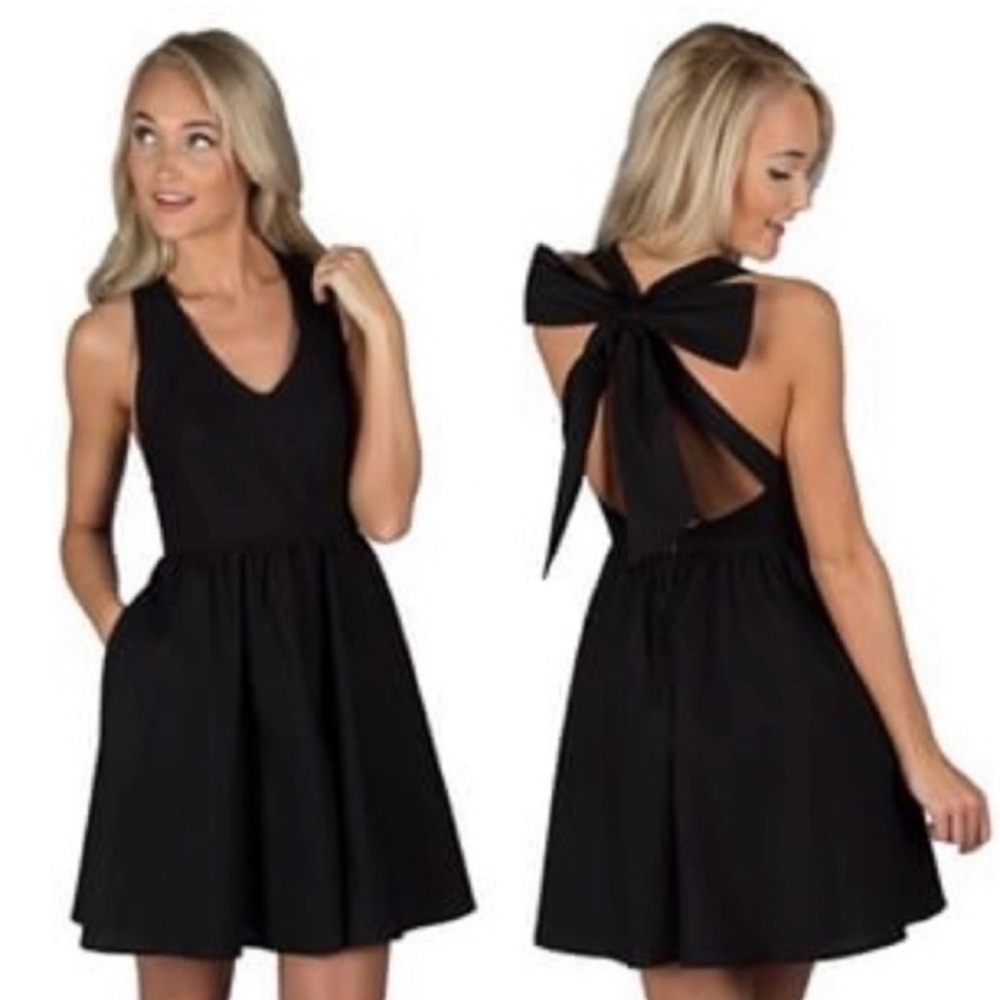 Lauren James The Augusta V-neck Bow Back Skater Dress Women L Black Sorority